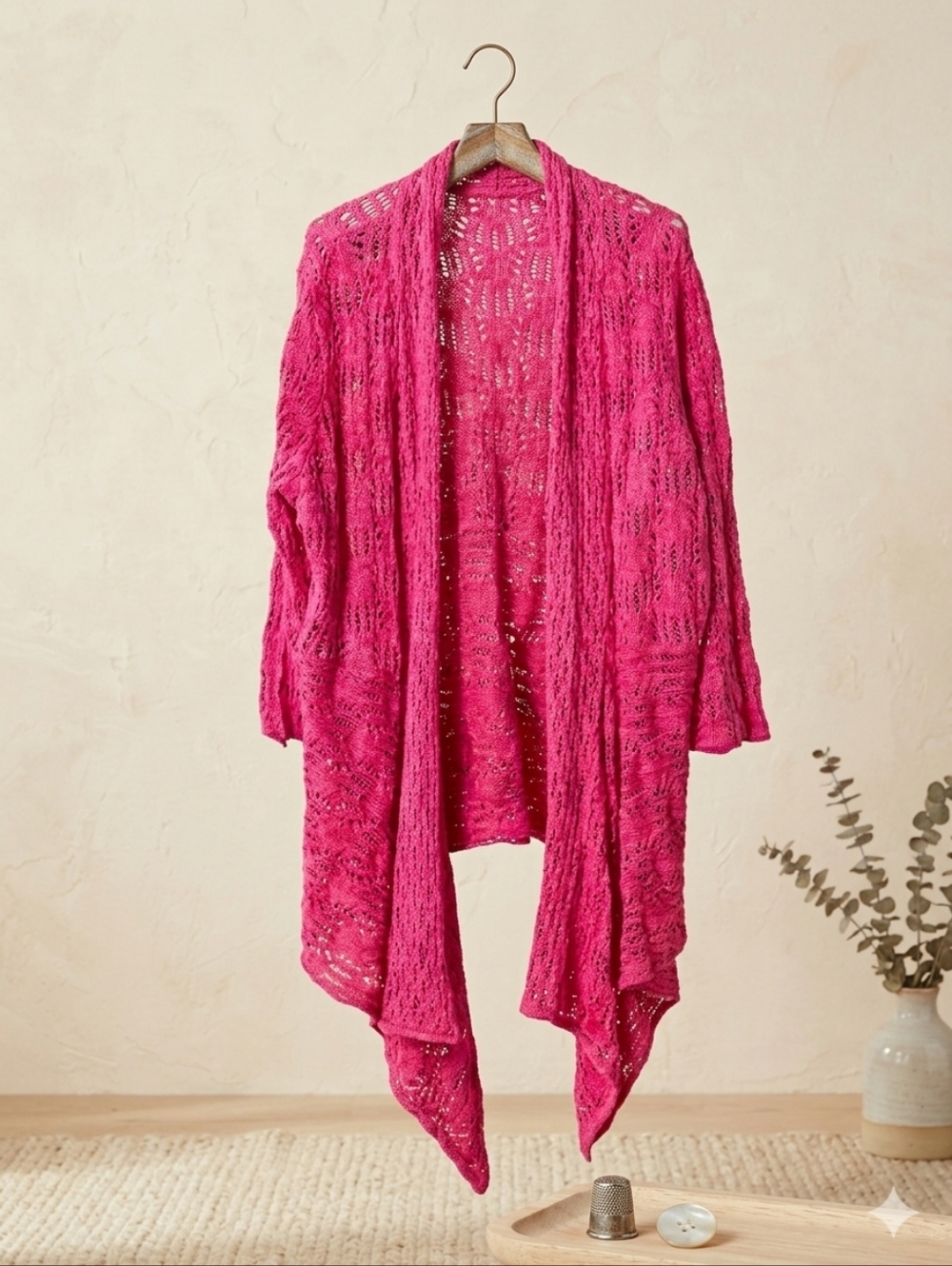 Woman Within 22/24 1X Magenta Pink Open Front Pointelle Knit Duster Cardigan